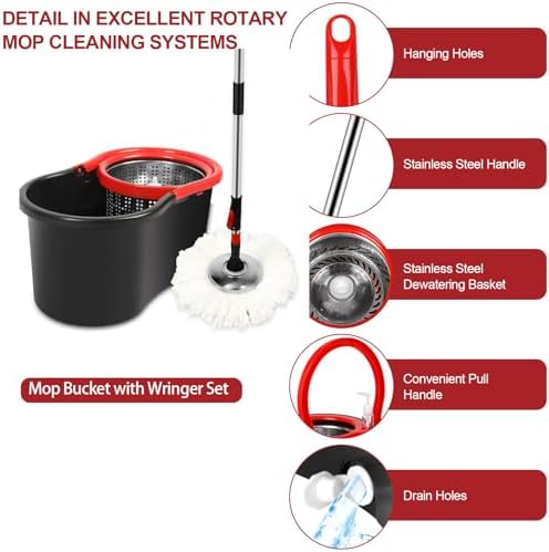 Spin Mop and Bucket with Wringer Set, 3 Washable Microfiber Pads Included - Image 3