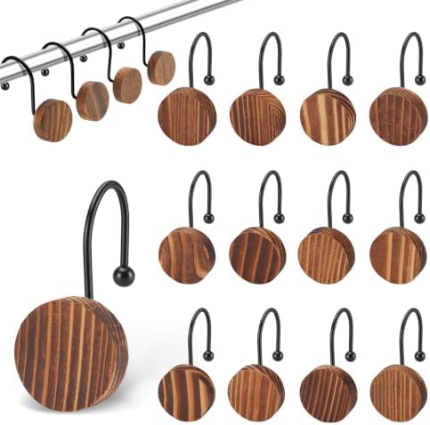Wood Shower Curtain Hooks, Boho Shower Curtain Rings Decorative, Free Sliding by Unknown