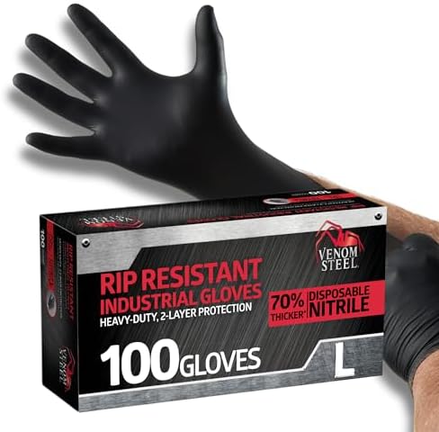 Venom Steel Industrial Nitrile Gloves, Chemical Resistant Disposable Black by VenomSteel