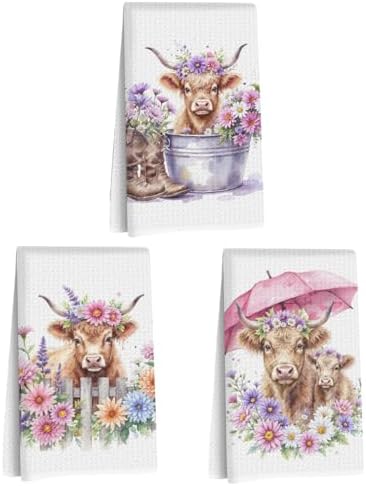 Jztco 3 Pcs Cow Kitchen Towels, Colorful Flower Soft Absorbent Hand Towels by Jztco