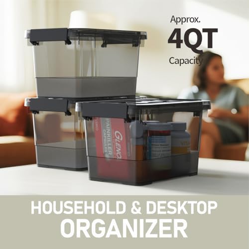 Black Plastic Storage Latch Bins, 8 Pack Clear Plastic Handle Box - Image 4