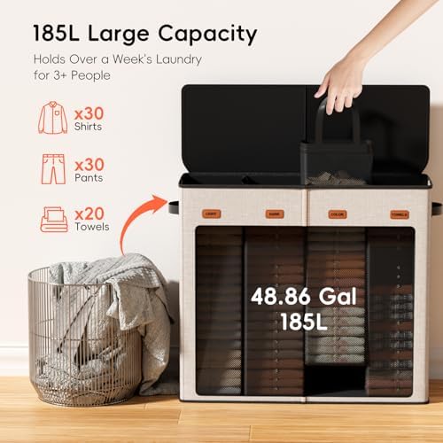 Laundry Hamper 4-Section with Lid, 185L Laundry Sorter with 4 Removable Bags + - Image 3