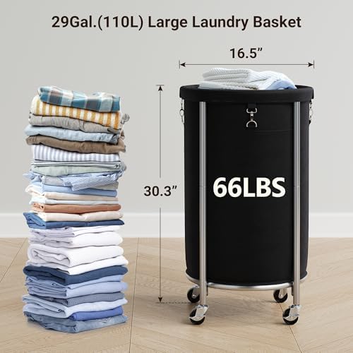ELYKEN Laundry Basket with Wheels, Round Rolling Laundry Hamper - Image 3