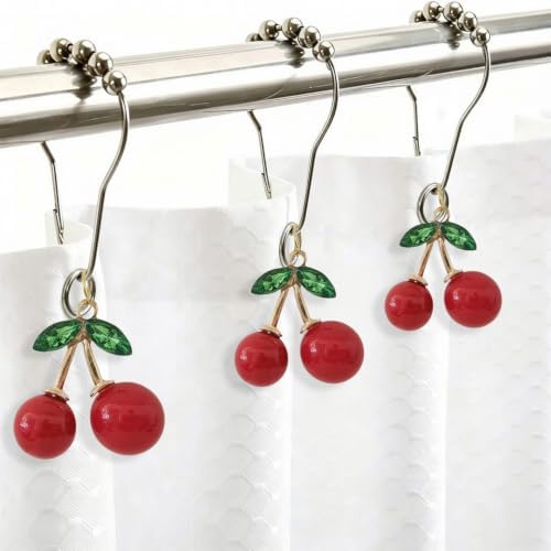 12Pcs Cherry Shower Curtain Hooks Rings, Fruit Themed Bathroom Decor - Image 4