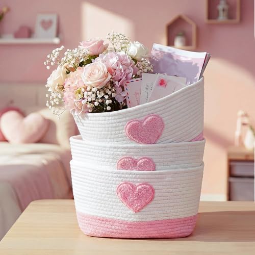 3-tier Heart Theme Cotton Rope Hanging Basket Organizer, Wall Storage Bin - Image 4