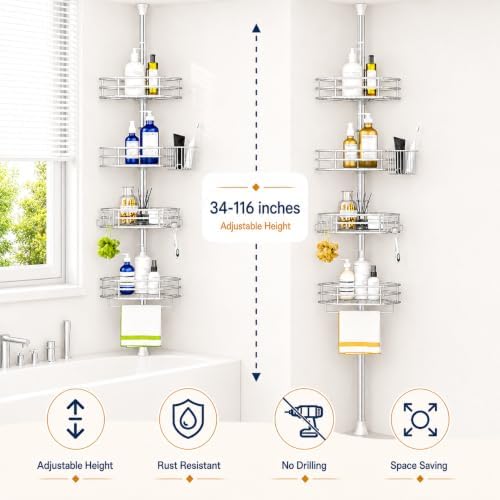 SEIRIONE Corner Shower Caddy Tension Pole, Quick Setup, Rust-Free Bathroom - Image 2