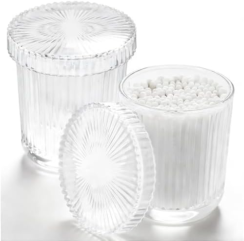 Glass Qtip Dispenser 2 Pack, Pads & Floss Picks, Vanity Makeup Essential by RINEENOM