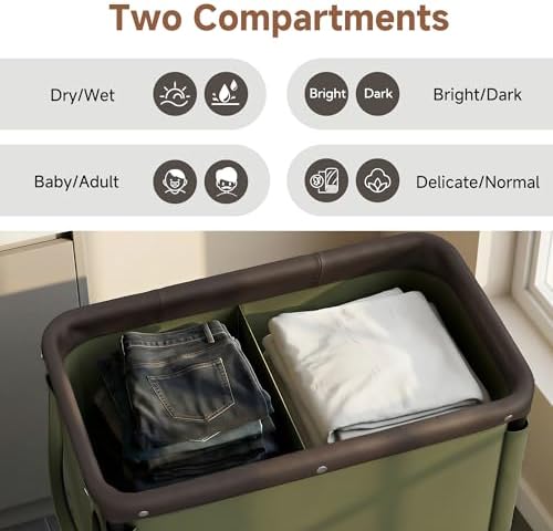 StorageWorks 2 Section Laundry Hamper, 100L Green Sorter Cart - Image 4
