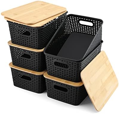 AREYZIN Storage Bins with Bamboo Lids Set of 6 Lidded Storage Container Plastic by AREYZIN