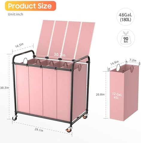 Laundry Sorter 4 Sections 48 Gal, Rolling Laundry Basket - Image 2