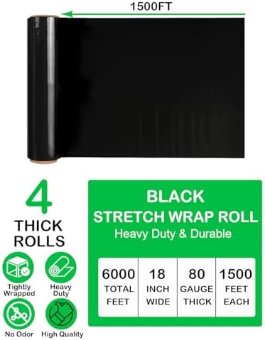 Black Stretch Wrap Roll, Heavy Duty 18in x 1500ft Shrink Film/Wrap, 4 Pack - Image 2