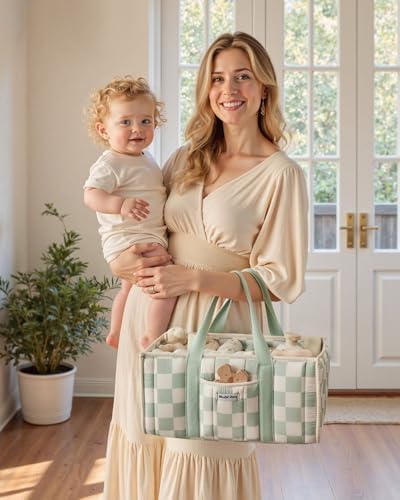 Blissful Diary Checkered Diaper Caddy Organizer, Storage Basket, Sage Green - Image 7