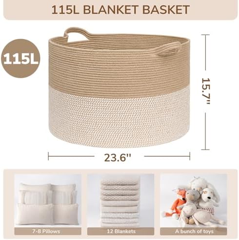 INDRESSME 115L Extra Large Woven Wicker Blanket Basket Living Room - Image 2