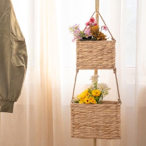YAHUAN Water Hyacinth Hanging Basket 2-Tiered Woven Wicker Wall Basket Organizer - Image 2