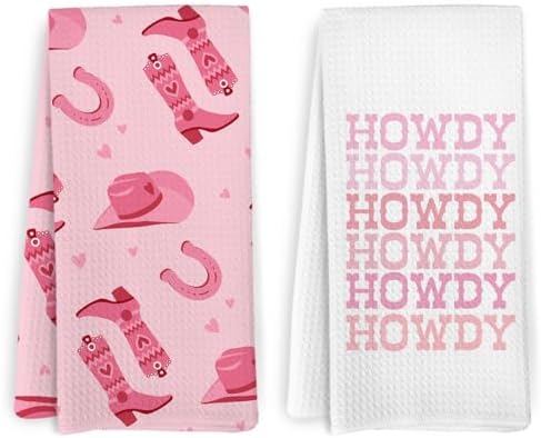 Western Howdy Pink Kitchen Towels and Dishcloths Set of 2, Preppy Bathroom Decor by HFXHANGD