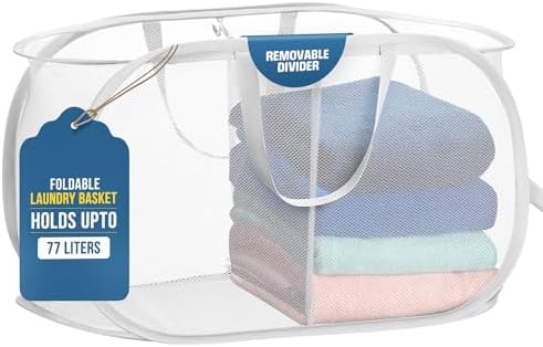 Handy Laundry Collapsible Laundry Basket, 2-Compartment Mesh Hamper – Foldable by Handy+Laundry