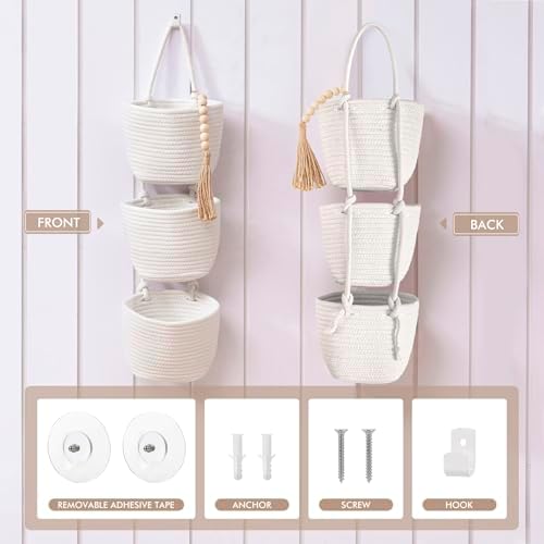 LIGHT DUST Wall Hanging Rope Baskets 3-Tier Boho Organizers - Image 3