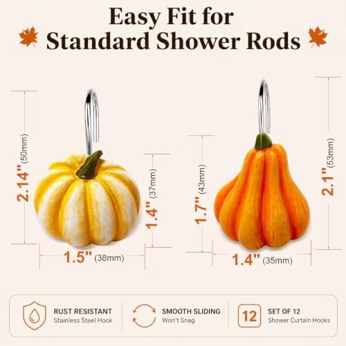 Pumpkin Shower Curtain Hooks Set of 12, Resin Halloween Fall Decor - Image 3