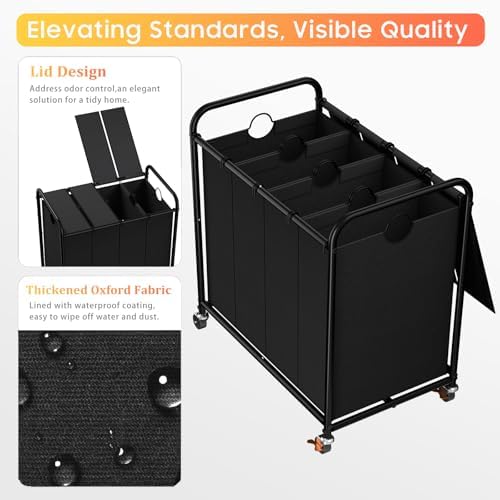 Laundry Sorter 4 Sections 48 Gal, Rolling Laundry Basket - Image 4
