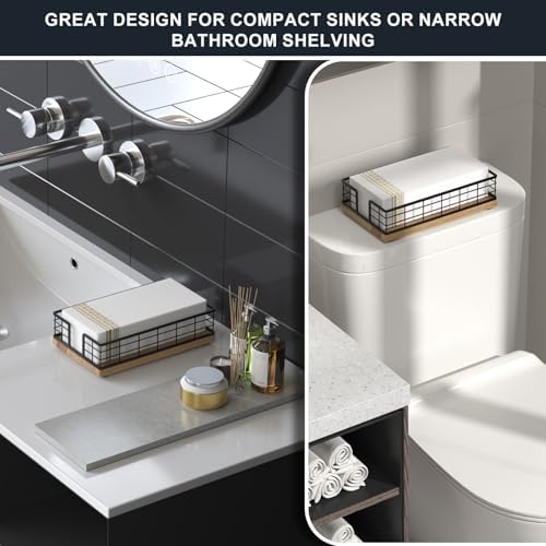 Wican Guest Towel Holder Tray for Bathroom, Acacia and Iron Napkins Holder - Image 2