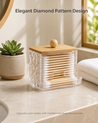 Cotton Swab Holder with Bamboo Lid, Diamond Cut Swab Dispenser - Image 2
