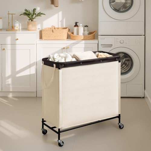 StorageWorks 3 Section Laundry Hamper, 120L Beige Sorter Cart - Image 6