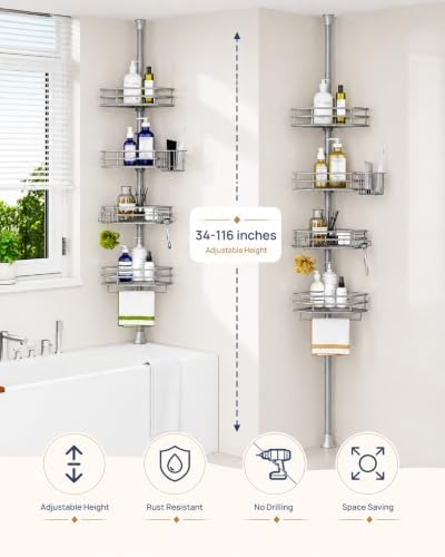 SEIRIONE Corner Shower Caddy Tension Pole, Quick Setup, Rust-Free Bathroom - Image 2