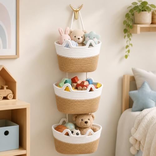 3 Tier Hanging Basket Over the Door | Wall-Mounted Braided Storage Bags by Unknown