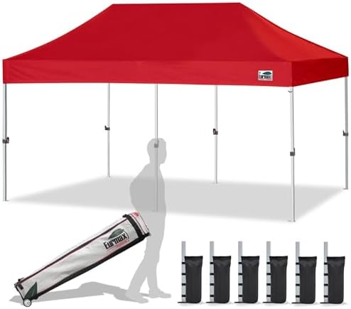 Eurmax USA Standard 10'x20' Patio Pop Up Canopy Tent Commercial Instant Canopies with Heavy Duty Roller Bag,Bonus 6 Sand Weights Bags(Red)