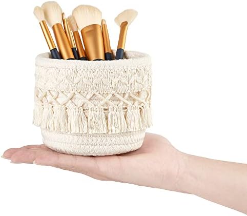 Mkono Macrame Makeup Brush Holder, Boho Mini Storage Basket Set of 2 Ivory - Image 6