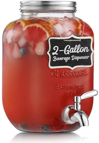 2 Gallon Glass Beverage Dispenser, 18/8 Stainless Steel Spigot and Lid by NETANY