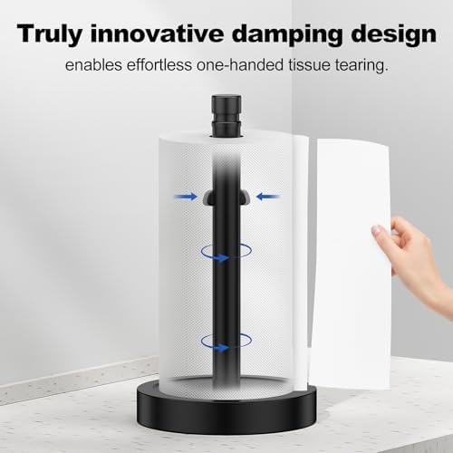 Black Paper Towel Holder Countertop, One-Handed Tear, Stainless Steel, Weighted - Image 2