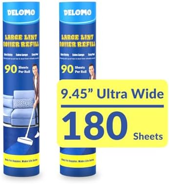 DELOMO 9.45” Large Lint Roller Refills, 2 Packs, 180 Extra Sticky Sheets by DELOMO