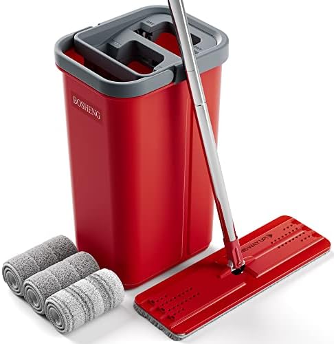 BOSHENG Mop and Bucket with Wringer Set, Flat Mop and Bucket, Squeeze Floor Mop by BOSHENG