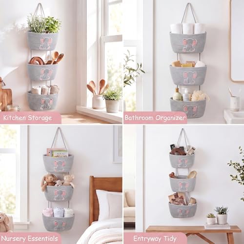 Elephant Nursery Decor Elephant Basket 3-Tier Cotton Rope Hanging Basket - Image 6