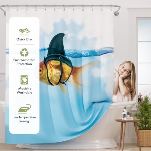 AmazerBath Fish Shower Curtain Blue, Washable Cloth Funny Fish in Shark's - Image 2