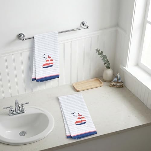 Ritz 2-Piece Cotton Velour Bathroom Hand Towel Set, Embroidered Sailboat Design - Image 5