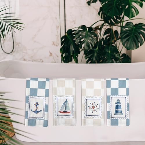 Preppy Nautical Kitchen Towels and Dishcloths Set of 4, Coastal Boat Wheel Dish - Image 5