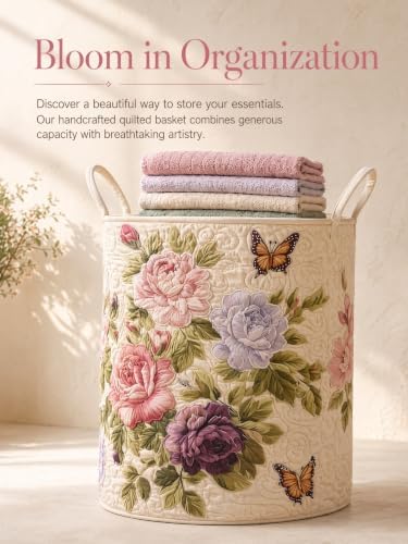 Quilted Laundry Basket with Handles, Boho Floral Quilted Storage Hamper - Image 5