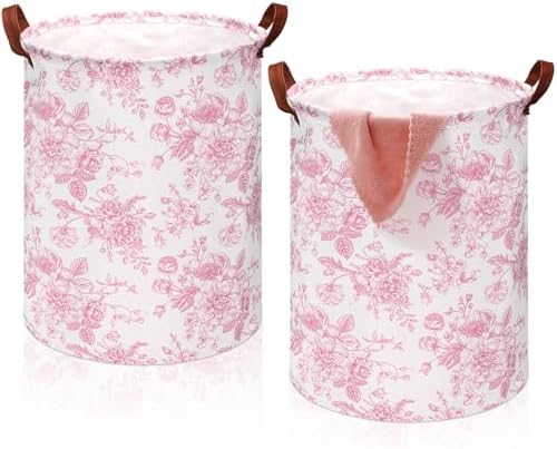 CroBlissful 2 Pcs Pink Floral Laundry Basket Coquette Storage Basket by CroBlissful
