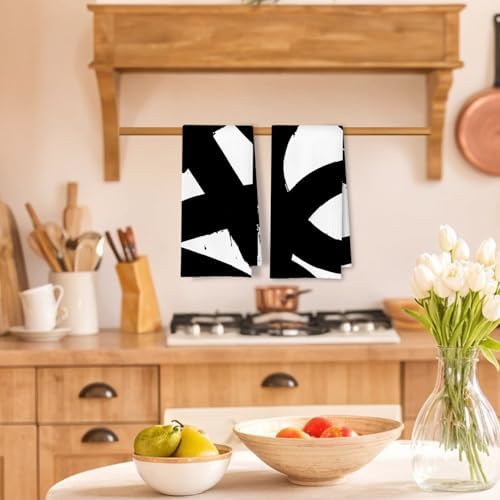 Abstract Black and White Kitchen Towels Set of 2, Modern Black and White Dish - Image 2