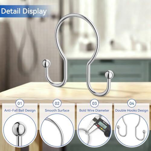 OEH Shower Curtain Hooks, Metal Shower Curtain Hangers, Double Hook Silver - Image 4