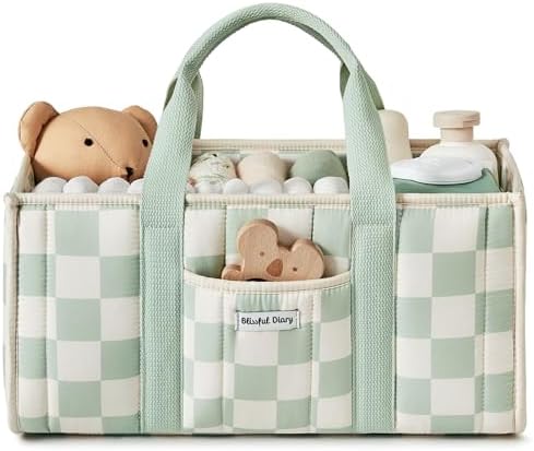 Blissful Diary Checkered Diaper Caddy Organizer, Storage Basket, Sage Green by BlissfulDiary