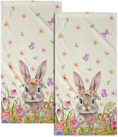 Cute Bunny Hand Towels for Bathroom 14"x28" Set of 2 Happy Easter Rabbit by Granbey