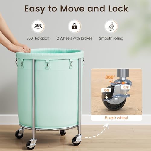 ELYKEN Laundry Basket with Wheels, Round Rolling Laundry Hamper, Mint Green - Image 5