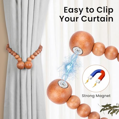KLOGTSIND Magnetic Curtain Tiebacks, 2 Pack Wood Bead Curtain Holdbacks - Image 2
