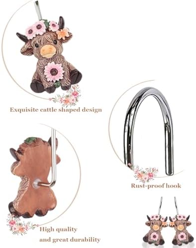 Highland Cow Shower Curtain Hooks 12pcs Resin Decorative Shower Curtain Hooks - Image 3