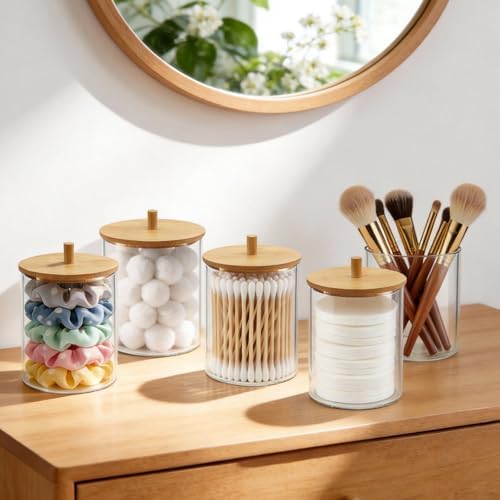4 Pack Glass Qtip Holder with Bamboo Lids, 10 oz Apothecary Jars - Image 7
