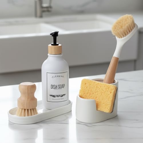 3 in 1 Ceramic Sponge&Brush Holder and Soap Tray Set, Leak-Proof Design to Keep by BekPooQ