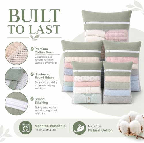 Green 5-piece set in bags, durable cotton mesh laundry bags, sturdy zipper - Image 5